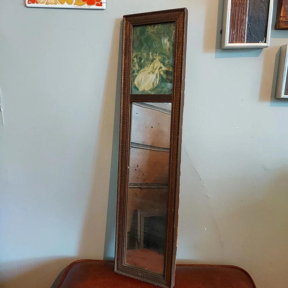 Antique Trumeau Wall Mirror Carved Wood Frame Romantic Scene Print 27x6.5in